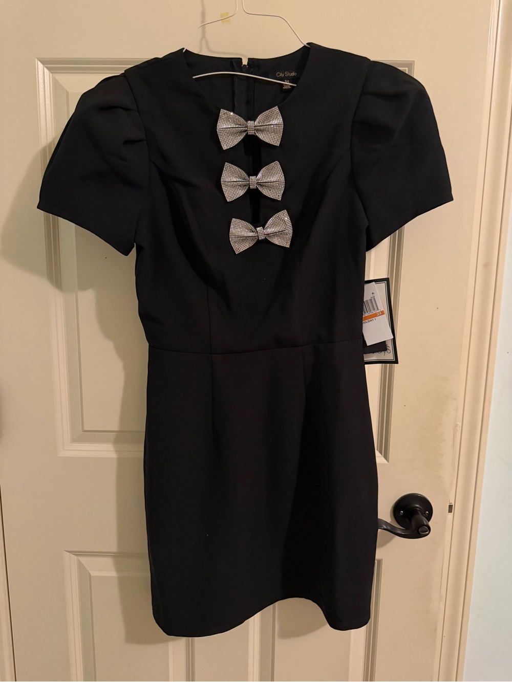 Puff sleeve Black Mini Dress with Rhinestone Bow Accents